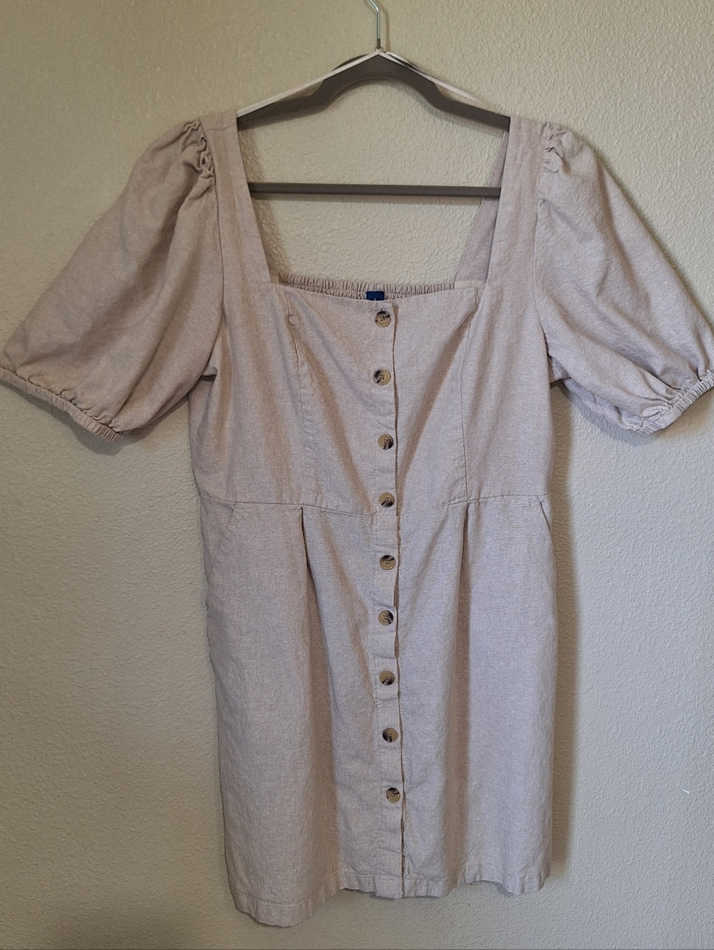 Old Navy Beige Linen Blend Dress Large Puff Sleeve Smocked Back Button Front